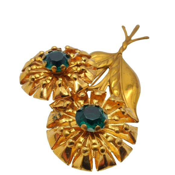 Green Rhinestone Double Flower Brooch Gold Tone Bouquet Spray Pin Large Vtg 40s - Picture 6 of 9